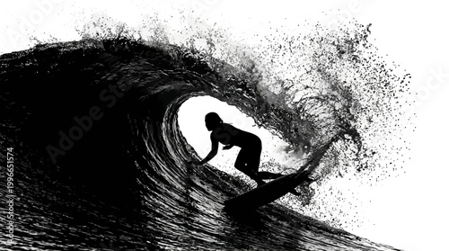 Silhouette of a surfer riding a wave on a surfboard in black and white