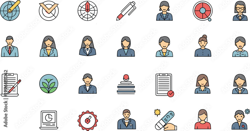 Fototapeta premium Business people and office flat icon set with avatars documents targets and corporate symbols