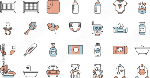 Baby care and newborn essentials flat icon set with toys hygiene feeding and nursery items