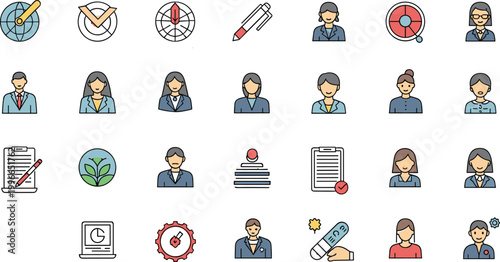 Business people and office flat icon set with avatars documents targets and corporate symbols