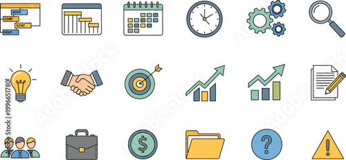 Business planning and productivity flat icon set with strategy charts calendar and office management symbols