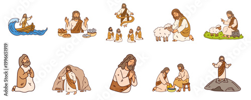 Series of biblical scenes featuring jesus teaching and performing miracles
