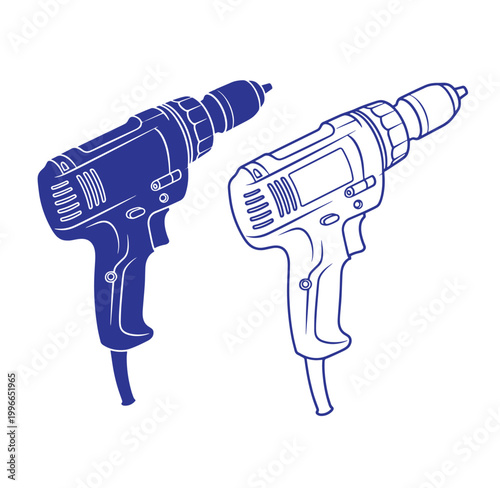 Two corded drills in blue and white on white background