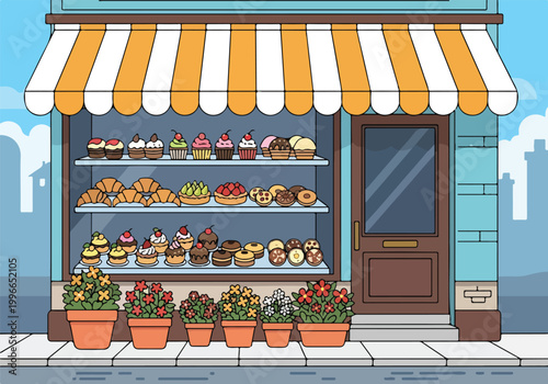 A cartoon bakery with pastries, flowers, and a striped awning