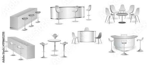 Modern Table and Chair Furniture Set for Cafe Lounge and Dining Interior. Collection of modern tables and chair seating arrangements shown in multiple layouts and perspectives. Contemporary furniture 
