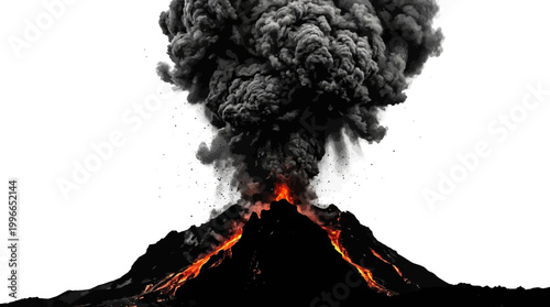 Volcano eruption with large smoke cloud and lava flows on mountain