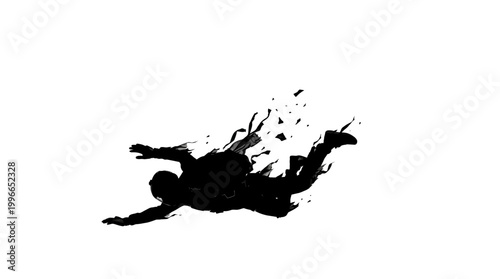 man silhouette falling down with splashes black and white