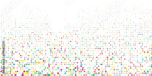 Modern artwork presents a vibrant field of colored dots spreading across a clean, open space. The gradual transition of hues—from deep blues and purples to warm reds, oranges simple modern