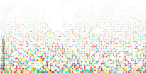 Modern artwork presents a vibrant field of colored dots spreading across a clean, open space. The gradual transition of hues—from deep blues and purples to warm reds, oranges simple