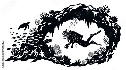 Scuba diver exploring coral reef with fish and sea turtle underwater