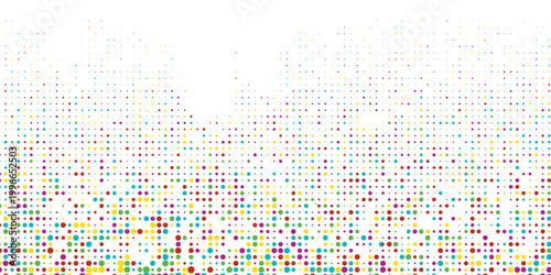 Abstract artwork presents a vibrant field of colored dots spreading across a clean, open space. The gradual transition of hues blues and purples to warm reds, oranges, and greens—creates a dynamic