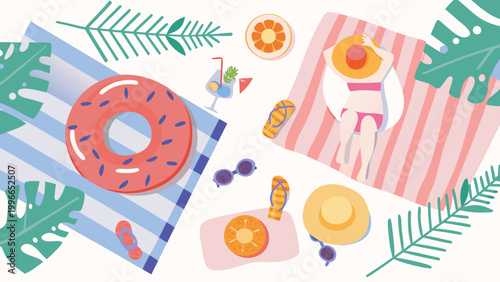 Summer poolside relaxation scene with inflatable donut tropical drinks and snacks on colorful towels