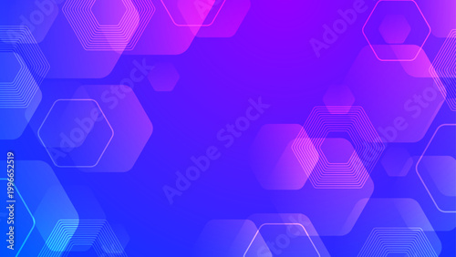 Digital technology backdrop featuring translucent hexagonal shapes and line art on a purple gradient