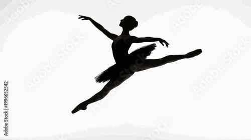Silhouette of a ballet dancer in mid leap against white background