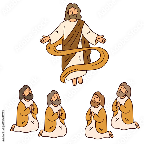 Jesus Christ ascending to heaven above his kneeling loyal disciples