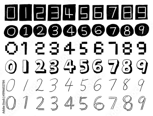 手描き文字セット　数字　鉛筆　モノクロ