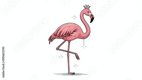 Illustration of a pink flamingo wearing a crown on white background