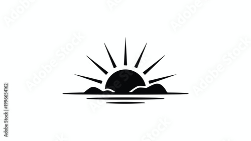 Simple black silhouette of sunrise over water and hills