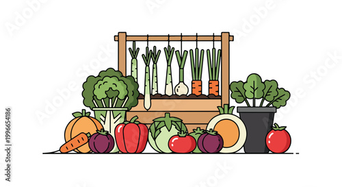 Photos A colorful cartoon illustration of various vegetables and plants