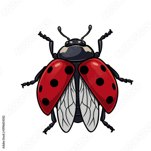 Detailed red ladybug illustration with black spots and realistic wings, isolated on white background. Perfect for nature themes, education, kids design, and insect related graphics