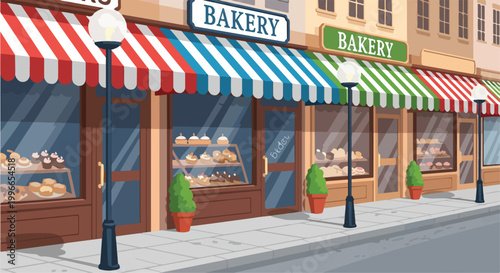 Foto Colorful bakery storefronts with striped awnings