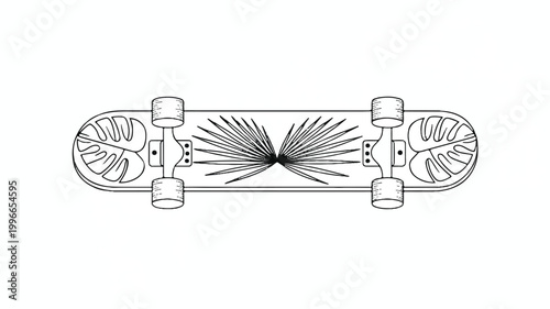 Top view of a decorated skateboard with tropical leaf design