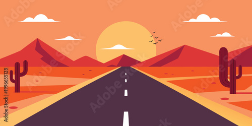 Flat Desert Road Scene Vector Illustration, Modern Minimal Landscape with Cactus No Gradient Design, Minimal Flat Desert Highway Vector, Clean Road Landscape with Cactus in Solid Color Style