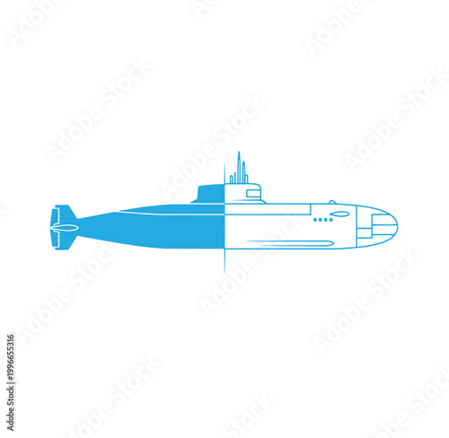 blue submarine with tower on top and propellers at the back side profile