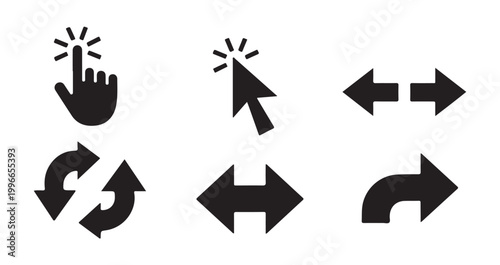 Set of black cursor icons. arrow pointer and hand click signs.