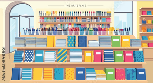 Fotografía A colorful cartoon image of a well-organized stationery store