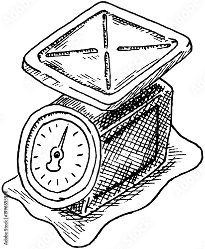 Vintage kitchen scale front view hand drawn engraving measuring tool illustration