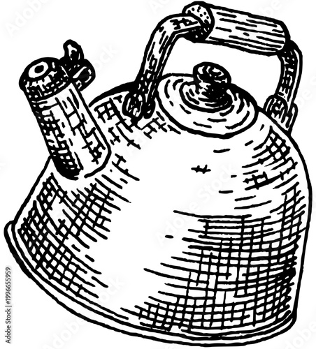 Vintage kettle side view hand drawn engraving kitchen cookware illustration