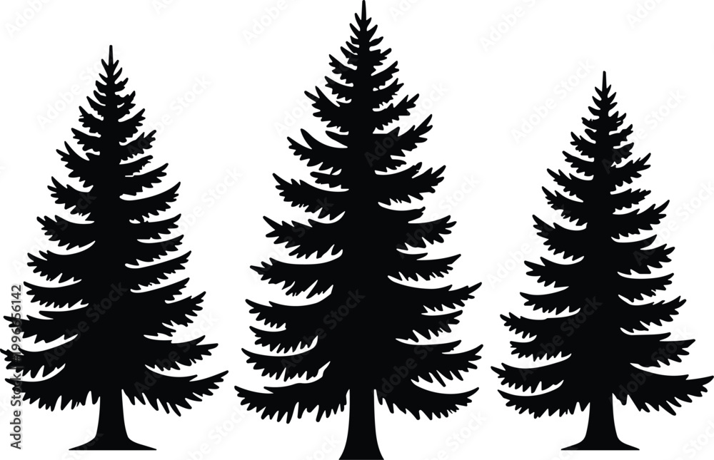 Obraz premium Pine tree silhouettes collection evergreen forest trees black nature icons set isolated on white background minimal design style