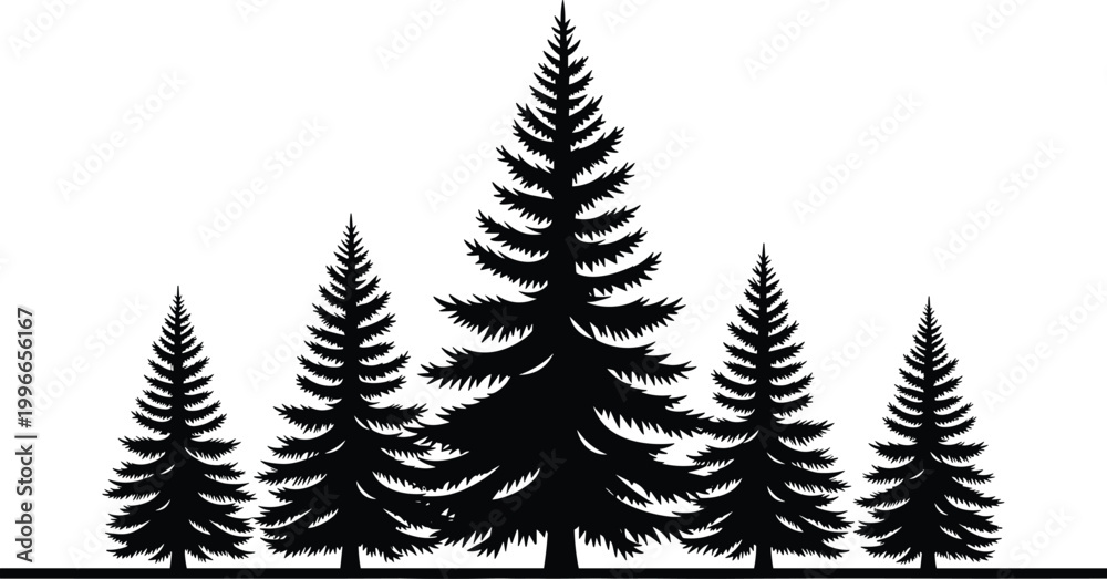 Obraz premium Pine tree silhouettes with forest composition, natural evergreen landscape illustration for outdoor design, winter background, and scenic decoration