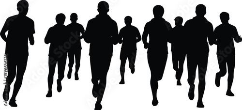 Running people silhouettes vector set, group of athletes jogging, black human figures in motion isolated on white background for fitness design