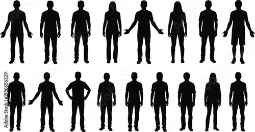 Set of human silhouettes in various standing poses, men and women vector collection for diversity, lifestyle, and character design use