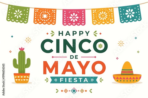 Colorful papel picado banner with cactus and sombrero for cinco de mayo celebration fiesta mexican