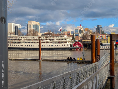 Historic Old Sacramento Waterfront under a cloudy sky