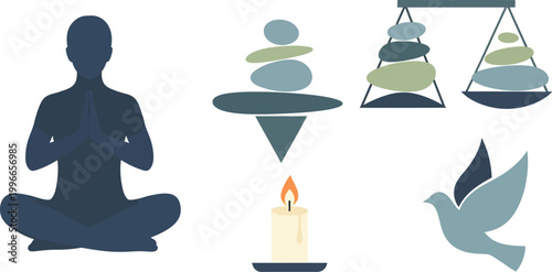 Zen stones stacked in balance sit beside a meditating silhouette and a lit candle to depict holistic wellness and inner peace.