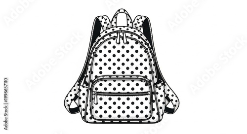 Black and white polka dot backpack illustration.