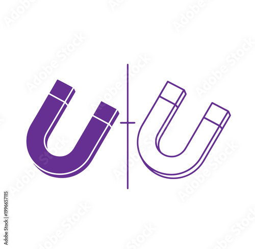 Two horseshoe magnets attracting each other isolated on white background