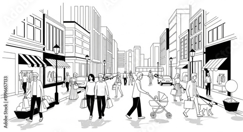 Black and white sketch of a busy city street with people shopping.