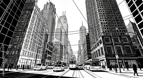 Black and white sketch of a busy city street with skyscrapers and trams.