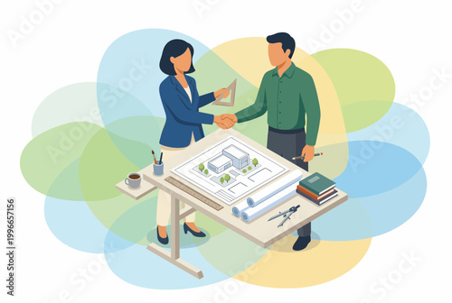 Architects Shaking Hands over Building Project Blueprint Agreement