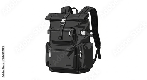 Black backpack with multiple compartments and straps.