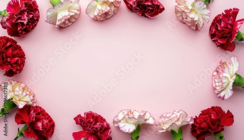 Red and white carnation flower frame on pink background