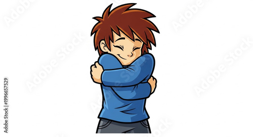 Cartoon boy hugging himself with eyes closed and smiling.