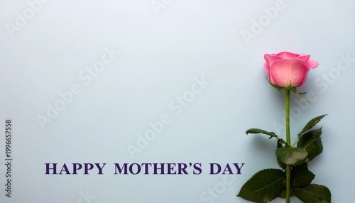 Single pink rose and Happy Mother's Day greeting on blue