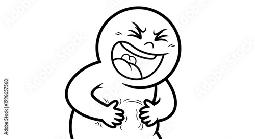 Cartoon character laughing heartily holding stomach in black and white.