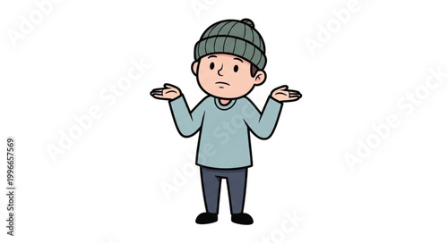 Cartoon boy shrugging shoulders with confused expression.